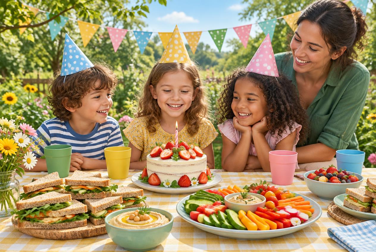 Des enfants et une adulte fêtent un anniversaire avec gâteau, sandwichs et légumes au jardin
