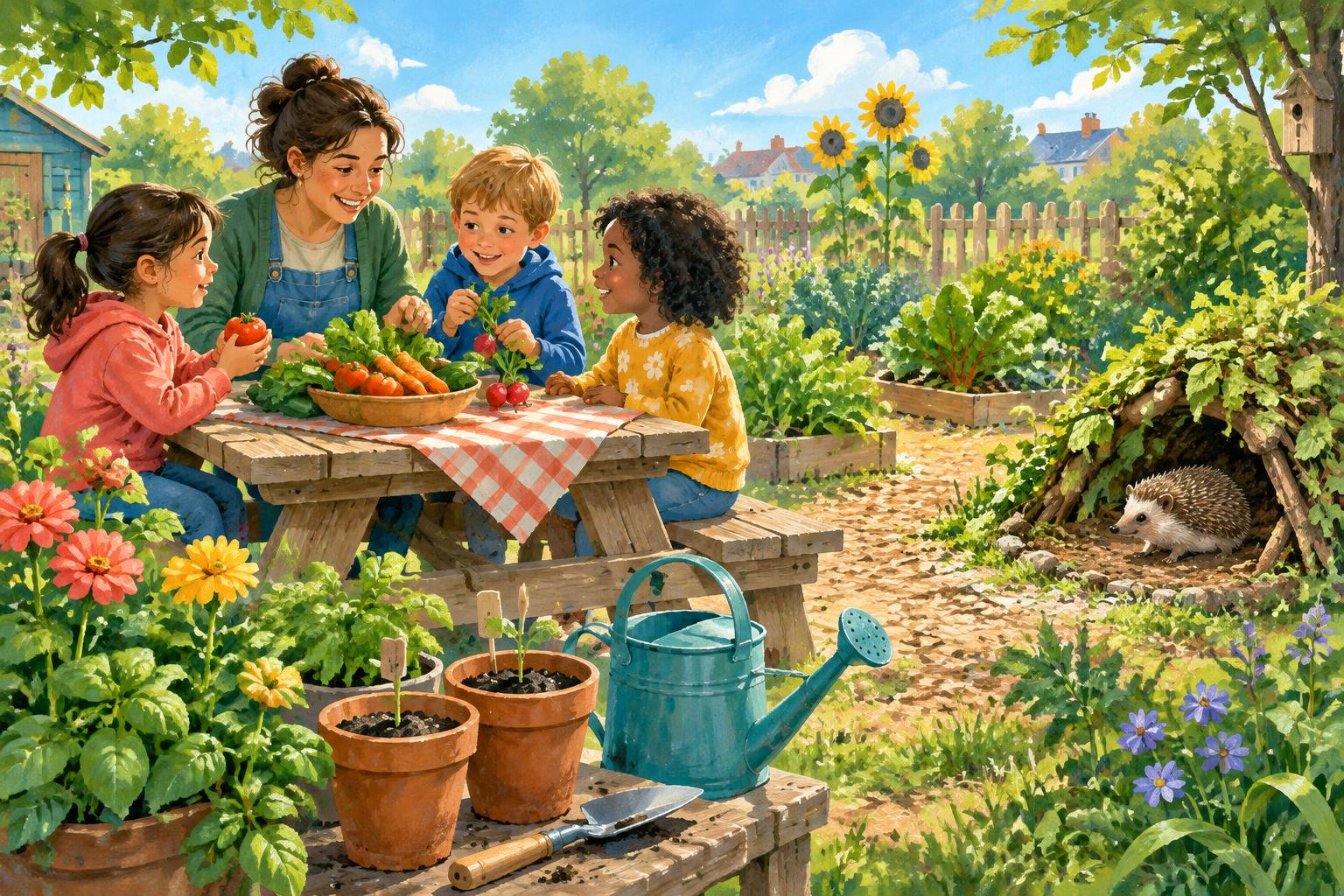 Des enfants et une adulte pique-niquent au jardin, avec de jeunes plants et un hérisson abrité sous des bûches