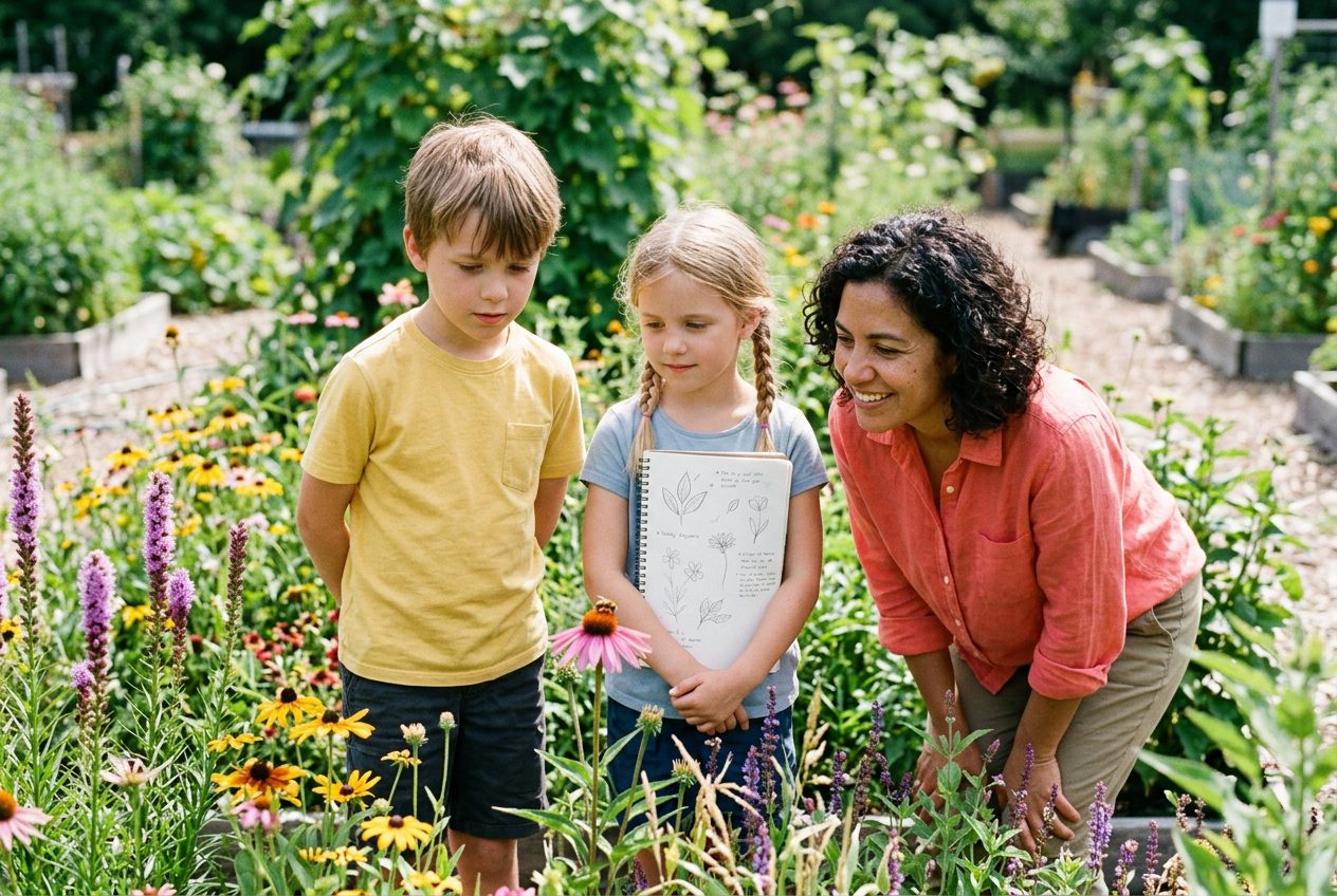 Des enfants et une adulte observent calmement des fleurs et un insecte dans un jardin