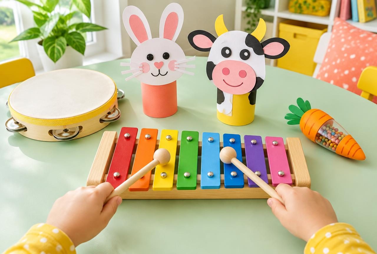 Un xylophone coloré, un tambourin et des marionnettes de lapin et de vache faites à la main