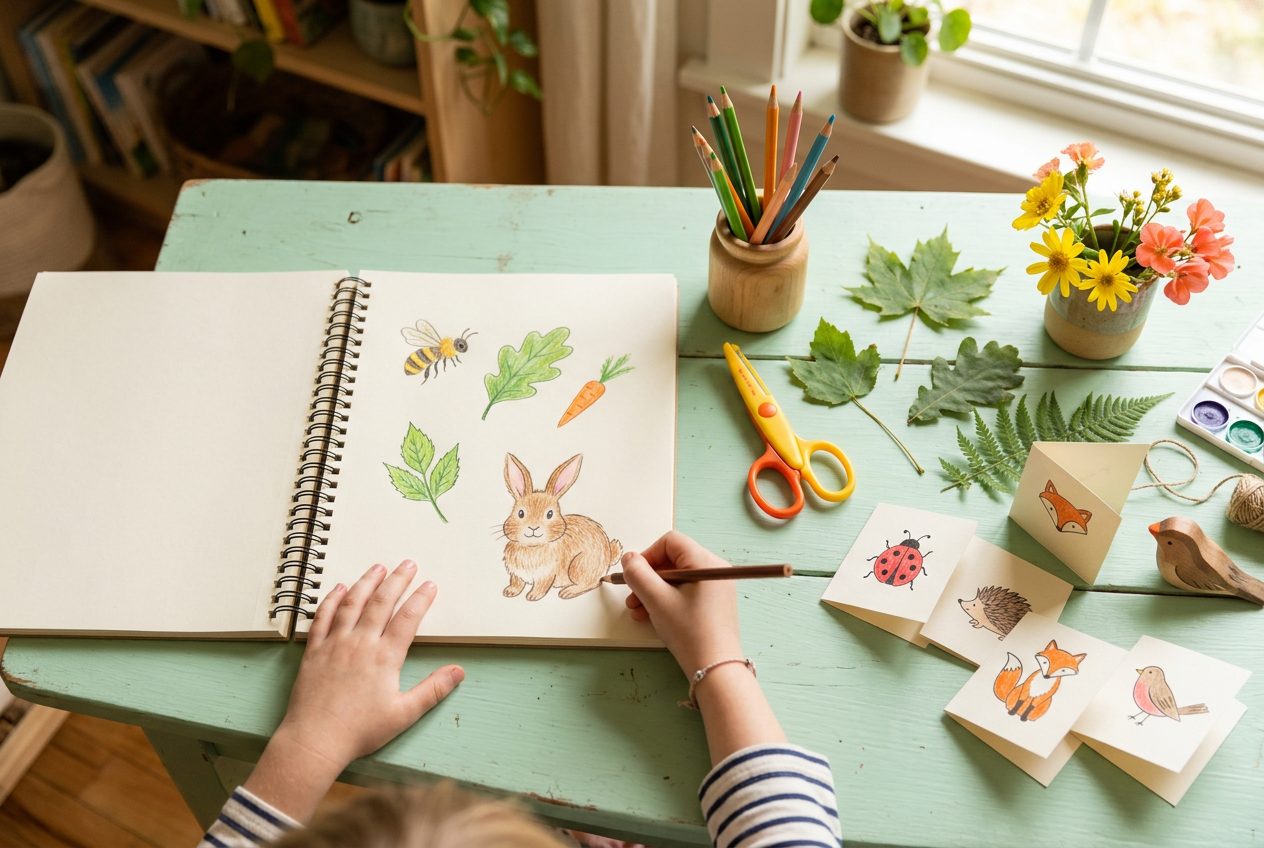 Un carnet de nature avec des dessins d’animaux et de feuilles, des crayons et des cartes faites à la main
