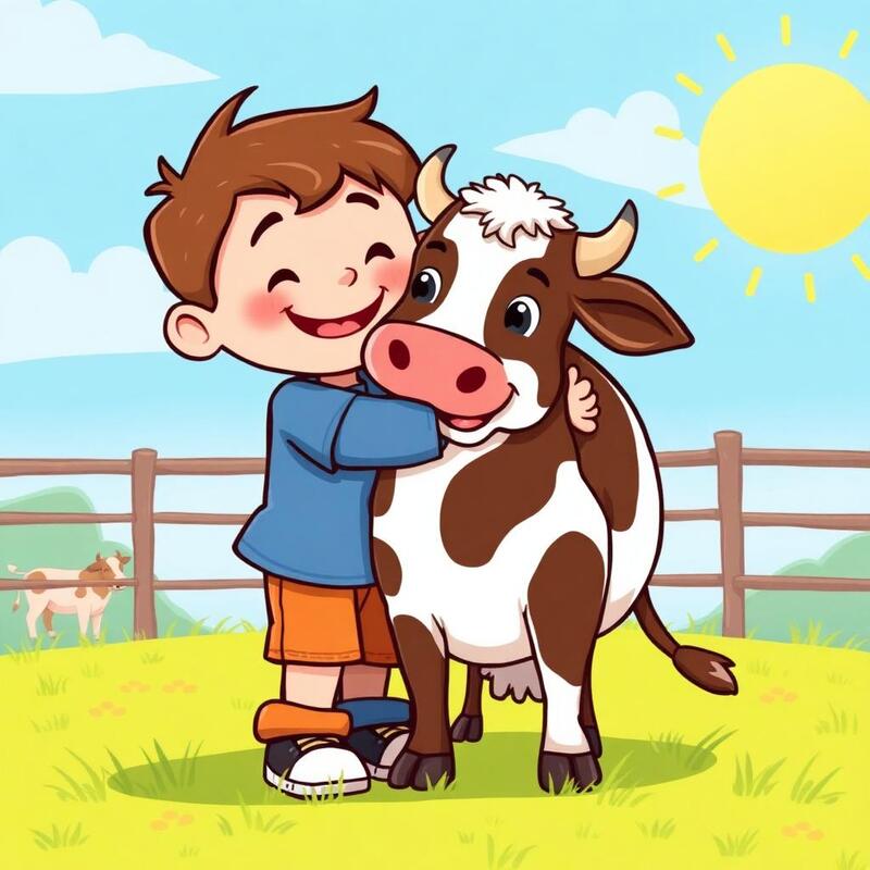 A child hugging a rescued cow