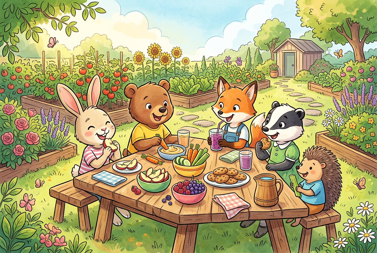 Fröhliche Tierkinder picknicken mit bunten pflanzlichen Snacks im Gemüsegarten
