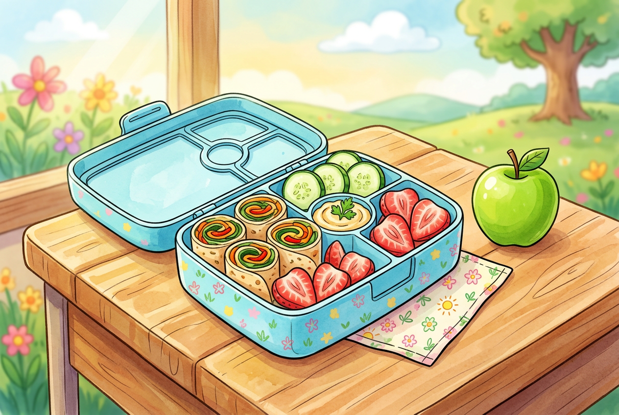 Colorful open bento lunch box filled with fresh vegan pinwheels, fruits, and vegetables on a wooden school desk