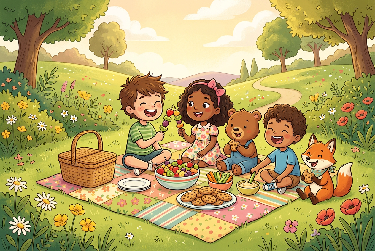 Ilustración colorida de niños disfrutando de una merienda saludable con frutas, hummus y galletas caseras al aire libre