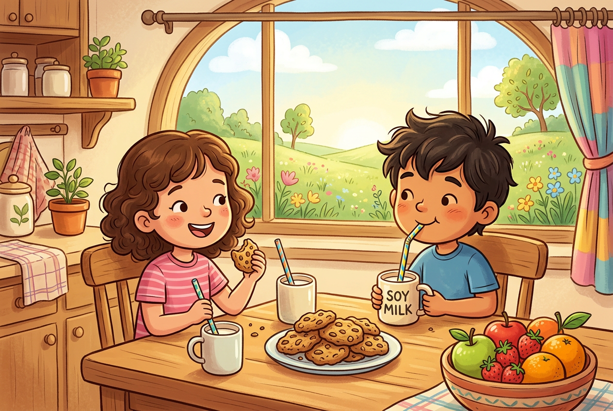 Enfants joyeux partageant un goûter vegan sain avec des biscuits à l'avoine et des fruits frais