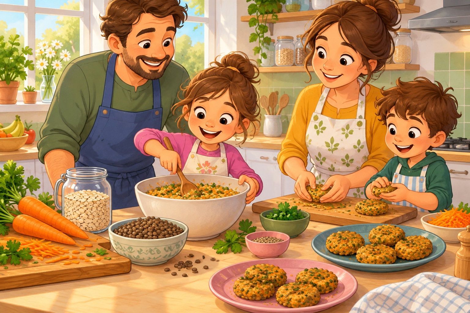 Une famille prépare des galettes de lentilles et de carottes dans une cuisine colorée.