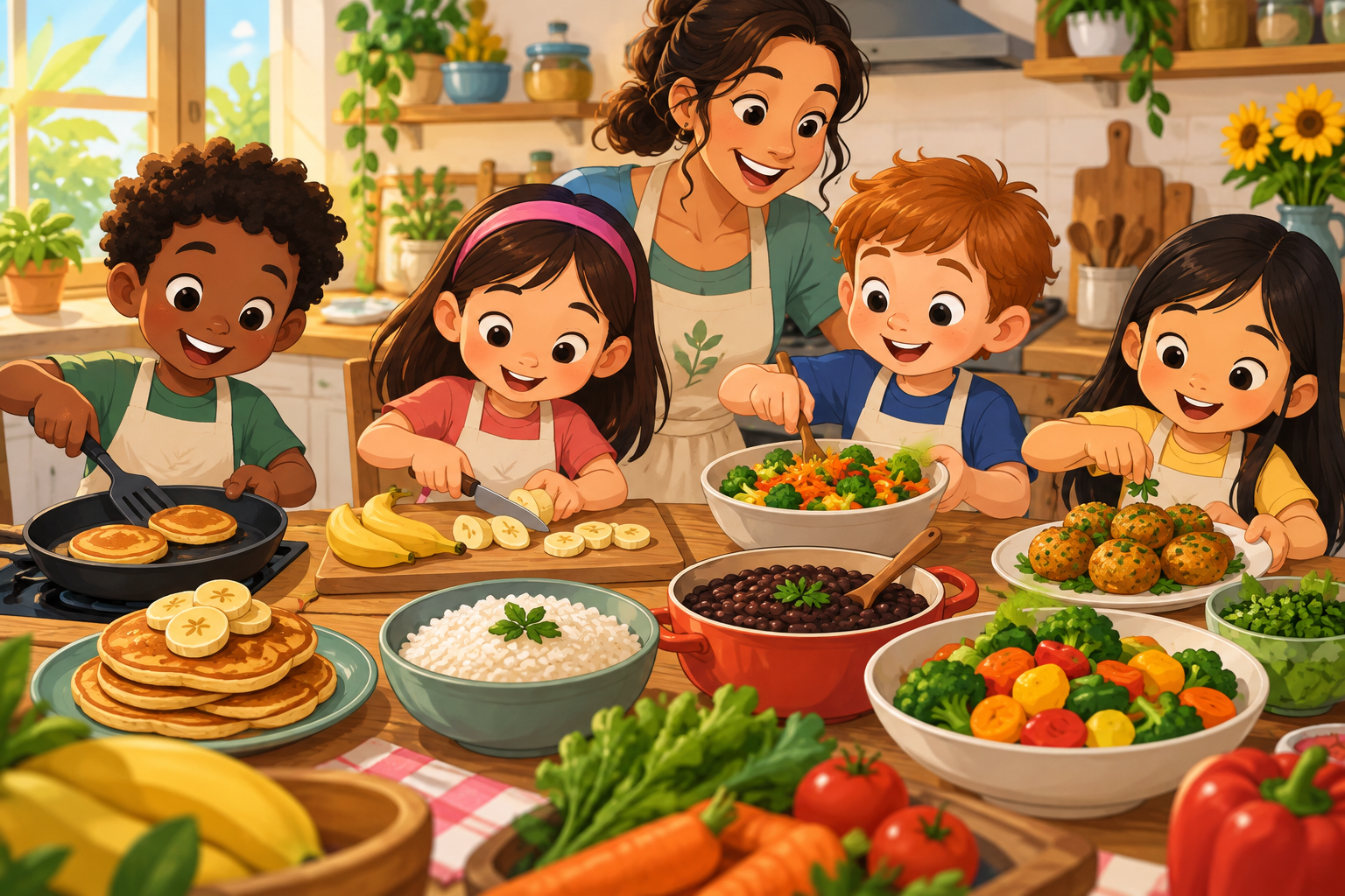 Crianças e uma pessoa adulta preparando panquecas, bolinhos e pratos coloridos com alimentos vegetais.